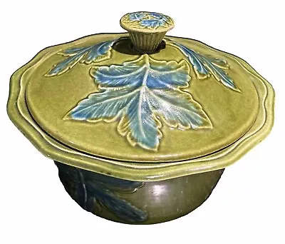 Vintage California Pottery Avocado  Green Leaf Covered Casserole Dish USA 374 • $16