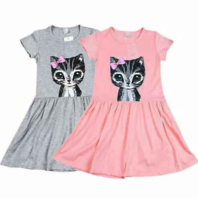 Kids Girls Short Sleeve Skater Swing Dress Cat Printed Summer Princess Dresses • $16.82