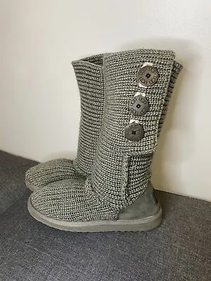 UGG Classic Cardy Sweater Knit Foldover High Button Pull On Boot 5819 Grey 8 • $35.10