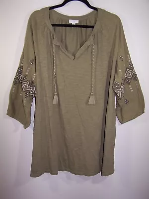 J.Jill Boho Tunic Shirt Earthy Green 3/4 Sleeves V-Neck Embroidery Size 2X • $18