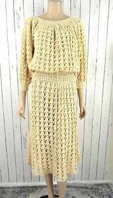 Vintage 70s 80s NEW Ronel Ivory Cotton Crochet Blouson Dress M Festival Hippie • $89