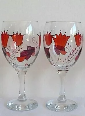 2 X Hand Painted Flower Tulip. Merlot Shiraz Red Wine Glasses. Gardener Nature • £14.95