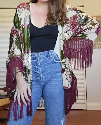$28 • Buy Zara Trafaluc Floral Multicolor Velvet Fringe Kimono Cardigan Size Medium...