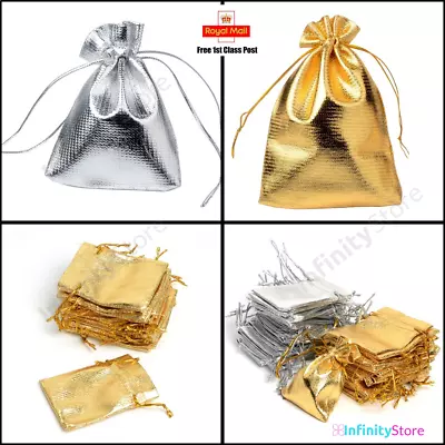 Gold Silver Shiny Drawstring Gift Bags Jewellery Pouches Wedding Party 10-50pcs • £3.85