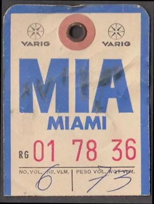 Varig Airlines Brazil Flown Baggage Check MIA Miami 1960s • $11.99