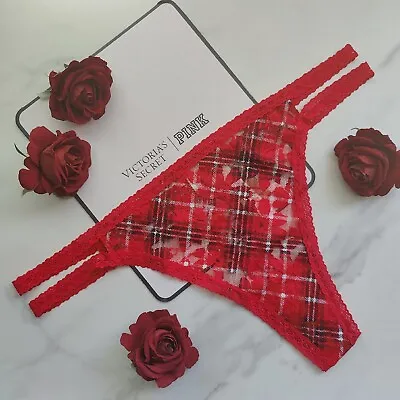 PINK Victoria's Secret Classic Lace Strappy Thong Red Pepper Plaid SZ M/L/XL • £9.63