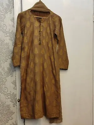 Dark Brown And Golden Colour Printed Shalwar Kameez In Lilen Fabric Sizes (S To • £10.99