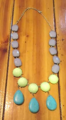 24  VTG Blue Green Gray Gold Tone Chunky Necklace Faux Turquiose Teardrop Stone • $17.07