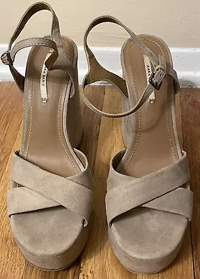 ZARA BASIC Beige Tan Ultra Suede Strappy Wedges Wedge Heels Sandals Shoes 40 9.5 • $15