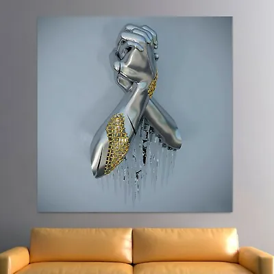 3D Effect Metallic Silver Gold Hands Lovers Wall Art Gallery Wrapped Canvas • £14.99