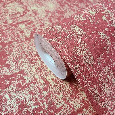 Burgundy Red Gold Metallic Plain Distressed Faux Plaster Textured Wallpaper Roll • $3.82