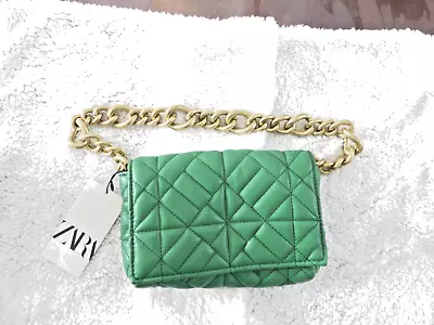 ZARA Green Faux Leather Quilted Gold Chain Shoulder Bag Purse Clutch  NWT • $60