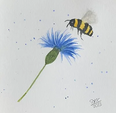 Original Hand Painted Watercolour Greetings Card Blank.  ‘Cornflower And Bee’ • £2.95