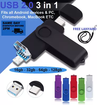 Memory Stick Flash Pen 3 In 1 High Speed USB OTG Drive For Android/PC/Mac/TV/Car • £16.99