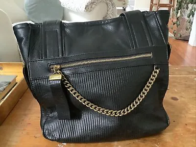 B. Makowsky Large Black Leather 2 Handle Tote With Brass Tone Chain • $19.99