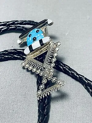 Extraordinary Vintage Navajo Jet Turquoise Sterling Silver Kachina Bolo • $413.79