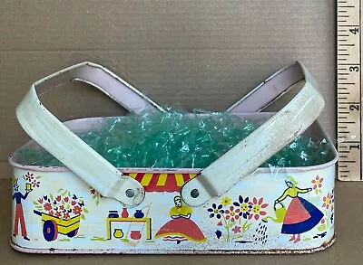 Vintage Tin Rectangular Spring Or Easter Basket With Handles Some Rust • $10