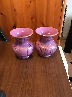 Retro German Pottery Vase Pair U-Keramik Ueberlacker Purple Gold 9cm Tall • £18.35