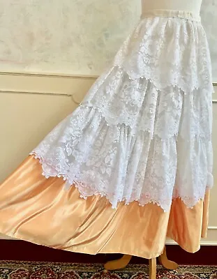 Vintage White Lace Ruffle Victorian Edwardian Maxi Fairytale Statement Skirt S • £65