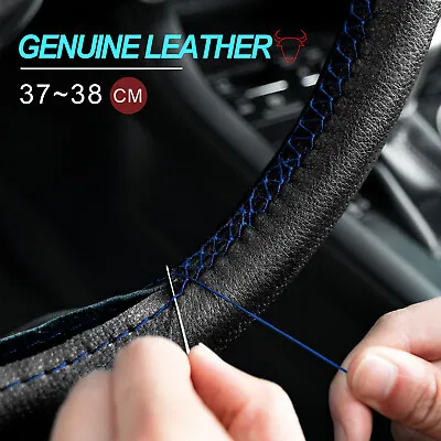 Black+Blue Genuine Leather DIY Car Steering Wheel Cover Anti-slip Car Accessory • $10.99