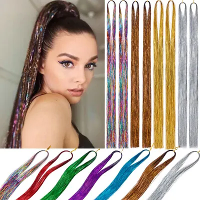 200 Strands Holographic Sparkle Women Long  Hair Tinsel Extensions Glitter RAVE • £2.75