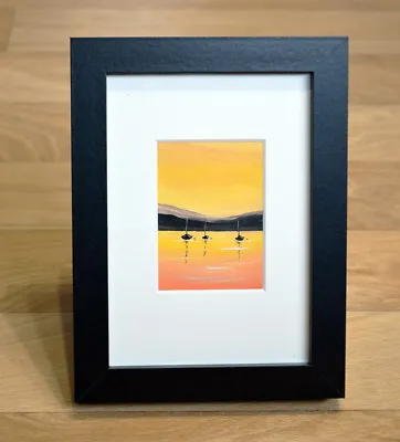 SARAH FEATHERSTONE ORIGINAL ACEO SEASCAPE WATERCOLOUR PAINTINGSunset SkyBoats • £24.95