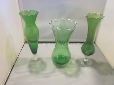 Lot Of 3 Vintage Emerald Green Glass Vases  Two W/Ruffled Rim 2- 8  1-7  • $9.99