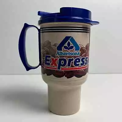 Vintage Albertsons Express Millstone Coffee Tan Blue Plastic Travel Mug Cup • $28