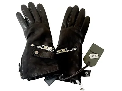 NWT Designer ALLSAINTS Butter Soft Black Leather Zipper Gloves ORIG $169 S • $69.99