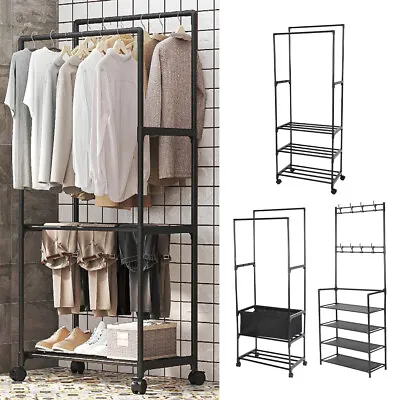 Mobile Clothes Rail Rack Garment Hanging Display Stand Shoe Shelves Storage Unit • £15.95