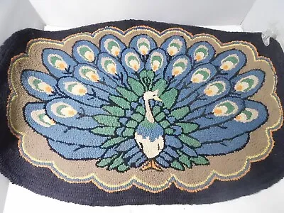 Vintage Hand Made Oval Hooked Looped Rug 20  X 30  Peacock Design • $65.95