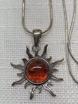 Vintage Sterling Silver Amber Sun Necklace • $22.95