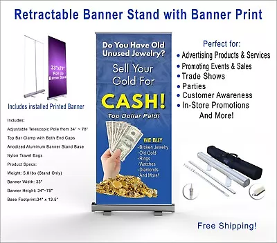 Cash For Gold - Jewelry Retractable Roll Up Banner Stand With Banner Print 33x78 • $164.95