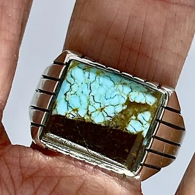 Number 8 Mine Navajo Turquoise Mens Ring Sz 11.5 Med Wd Rectangle Signed Jack • $94.94