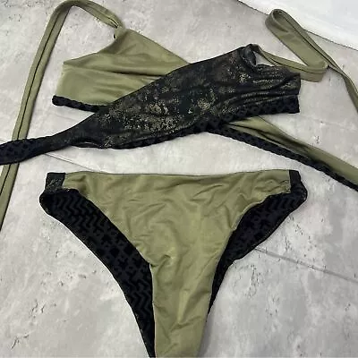 Ponovena Very Unique Double Sided Bikini Two Piece Boho Swimsuit Greenblack Gold • £43.39