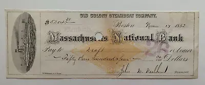 1883 Old Colony Steamboat Co Check Boston MA Mass National Bank Ship Vignette • $13.99