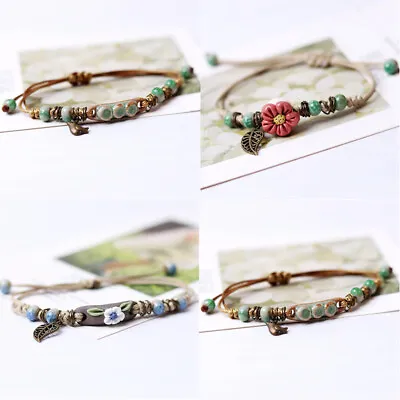 Festival Gift Flower Boho Leaf Charm Ladies Girls Bracelet Daisy Beads Ceramic • £3.01