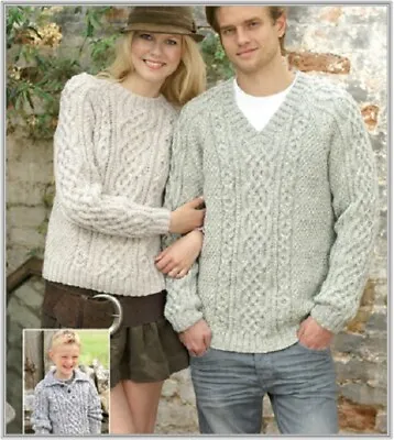 Fs013 Knitting Pattern Family Aran Sweater Collar Crew Or V Neck  Size 24-46 • £2