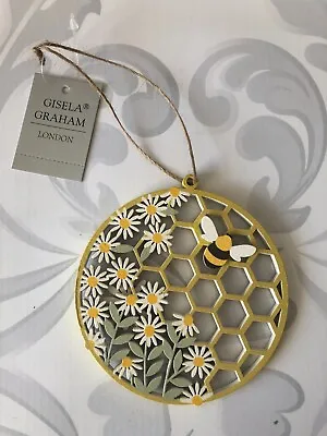 Gisela Graham Hanging Bumblebee Honeycomb Daisy Decoration Wooden Plaque • £4