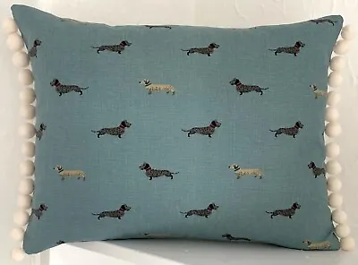 Sophie Allport Feather Pompom Cushion 'DACHSHUND’ Teal Fabric 35x45 Cm • £28.99