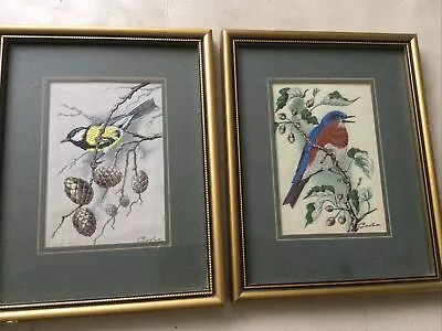 2 Framed Woven Silk Bird Pictures Great Tit & Bluebird By J&J Cash  • £35