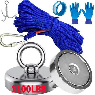 1100LB Fishing Magnet Rope Gloves Kit Strong Neodymium Pull Force Treasure Hunt • $31.99