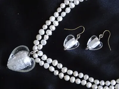 Pearl Heart Necklace & Earrings Double Row Freshwater Style - MURANO ? Used • £5.50