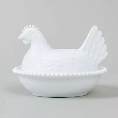 Vintage Indiana White Milk Glass Hen On A Nest 7  Long Chicken In A Basket • $38.68