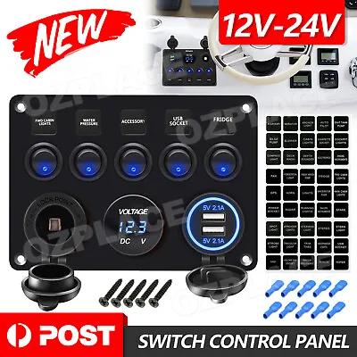 $32.95 • Buy 5 Gang 12V Switch Panel ON-OFF Toggle 2 USB For Car Boat Marine RV Truck Camper