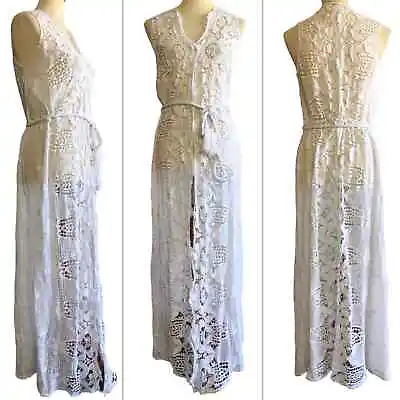 Miguelina White Cotton Lace Sleeveless Sash Belt Maxi Swimuit Coverup Dress S • $79.95