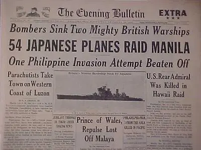 Vintage Newspaper Headline ~world War 2 Japanese Planes Attack Manila Wwii 1941 • $14.95