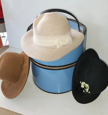VTG Blue Train Case Wig Hat Box 3 Ladies Hats Chelton 100% Wool Felt Brown Black • $64.54
