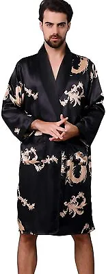 Haseil Men's Satin Robe Dragon Luxurious Silk Spa Long Sleeve House Kimono Bathr • $43.22