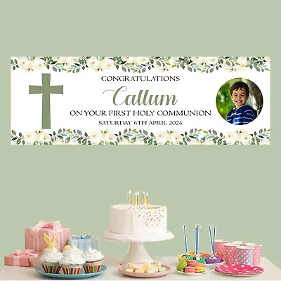 Personalised First Holy Communion Party Banner Baptism Confirmation Green Cross • £8.99